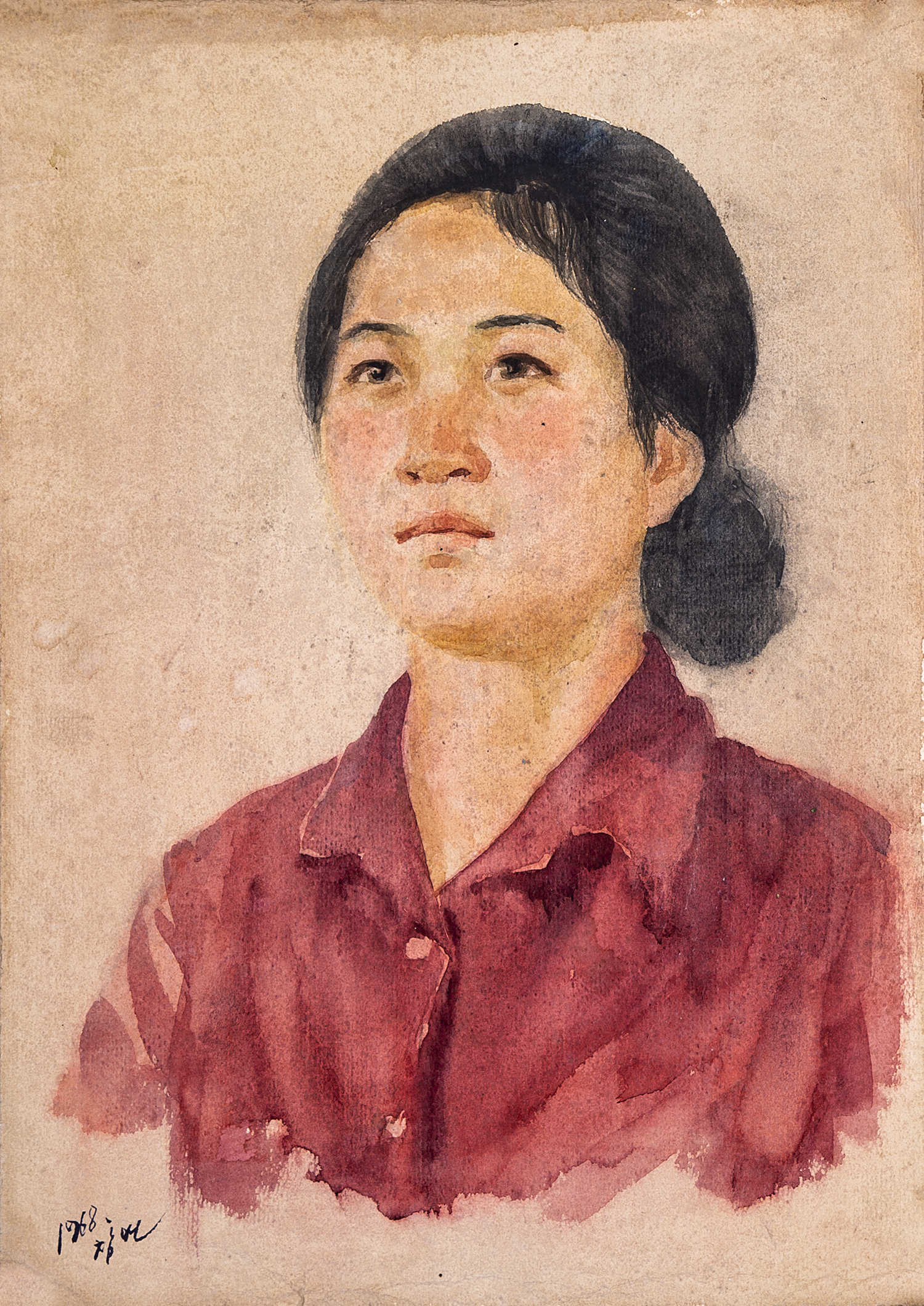 【朝鲜老画】咸昌渊 穿红衣服的姑娘 1968年 30 x 42cm
