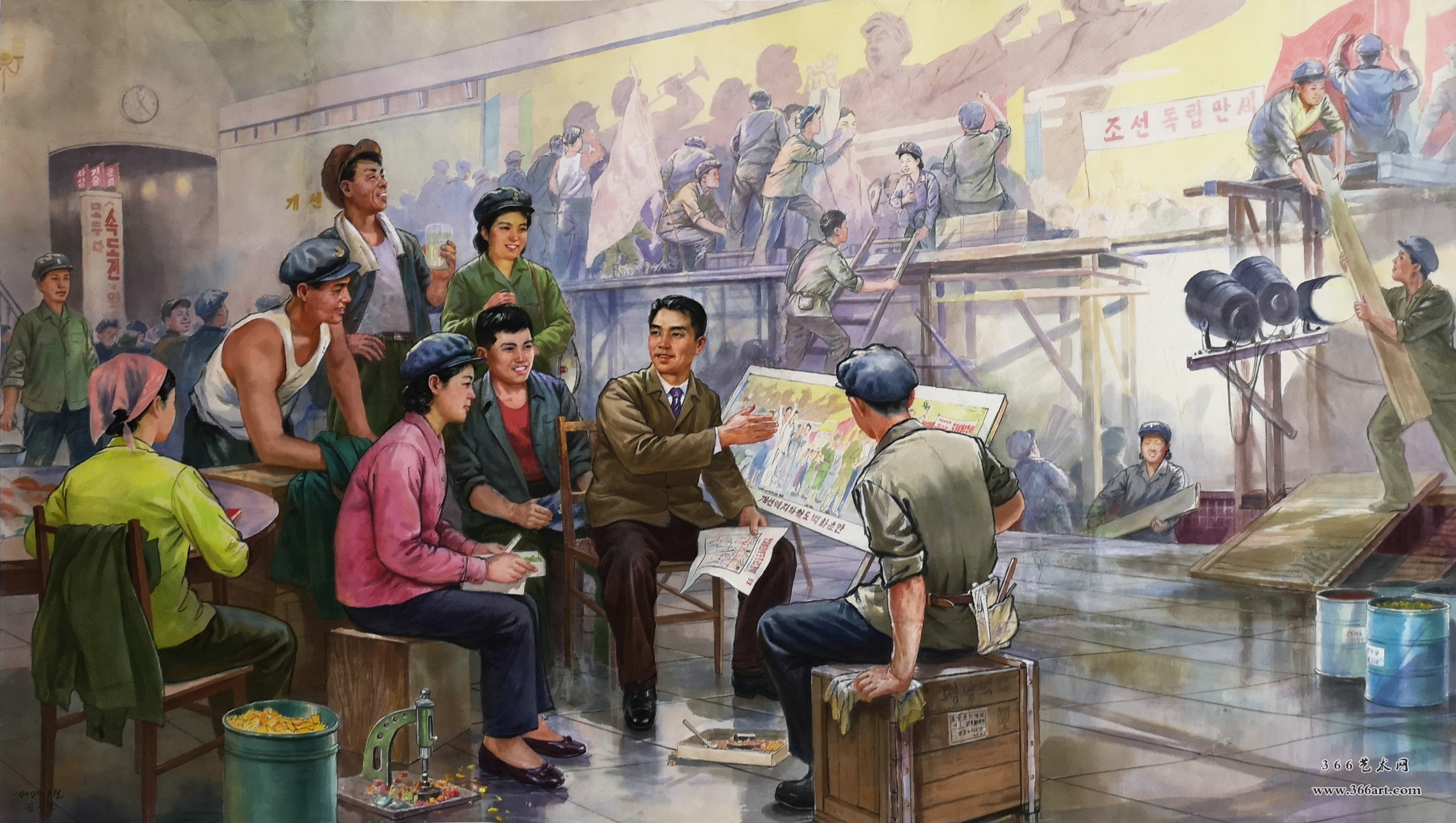 【朝鲜主体画】金柱贤 布置舞台 1979年9月 208 x 121cm
