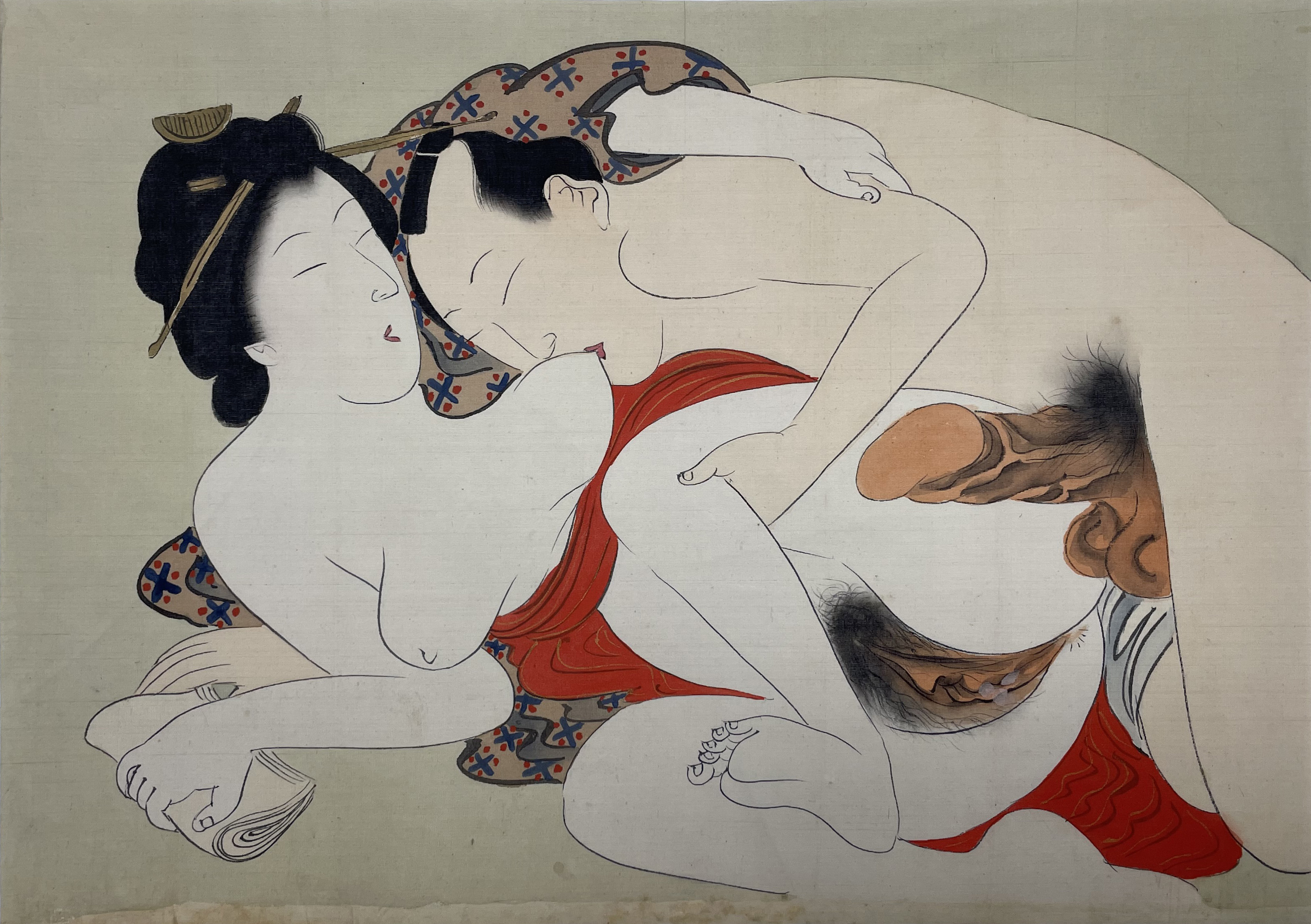 【日本版画】扬州周延 绢布春画 1891年 35 x 25cm
