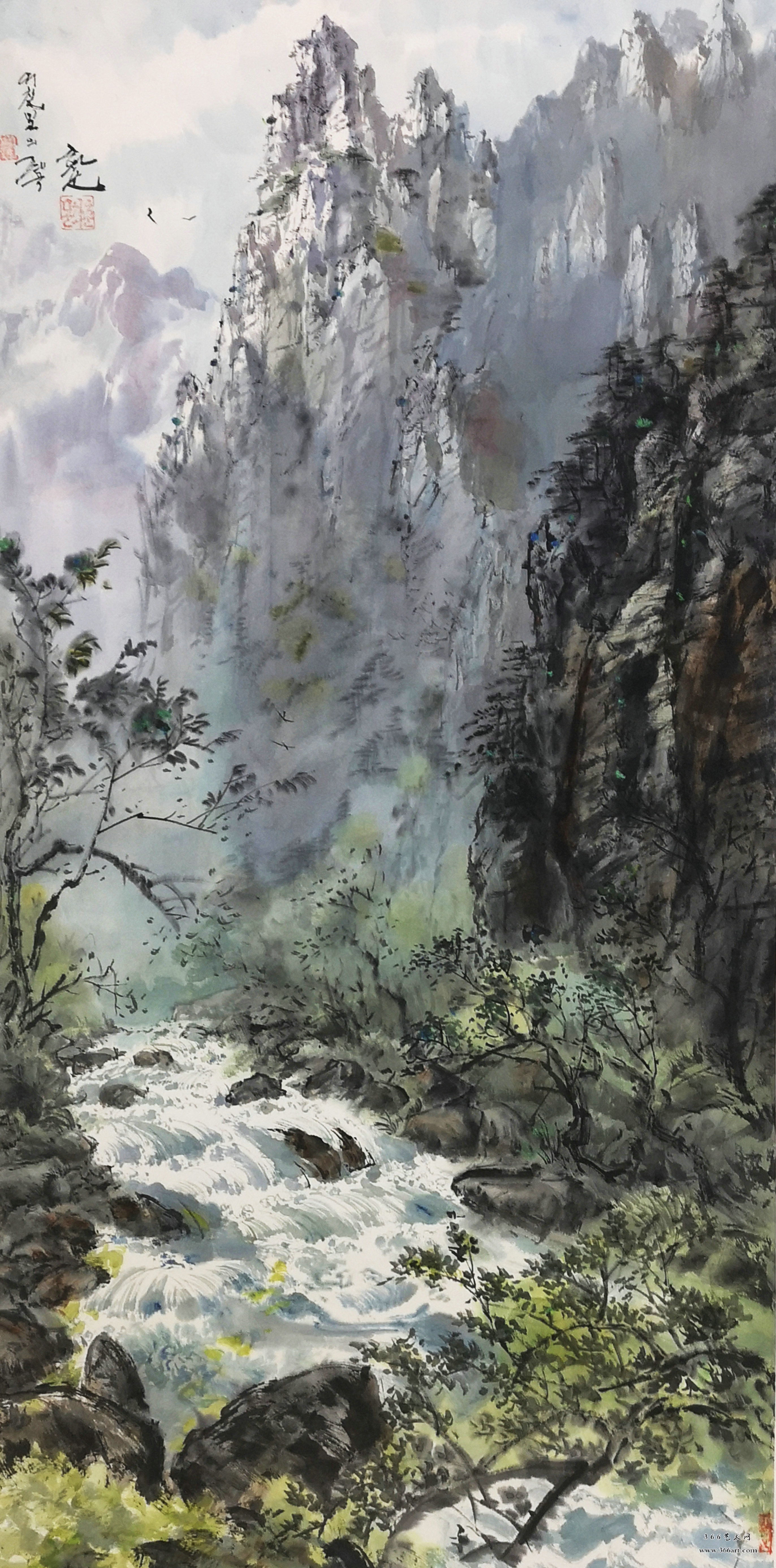 【朝鲜画】文和春 七宝山的溪谷 46 x 95cm