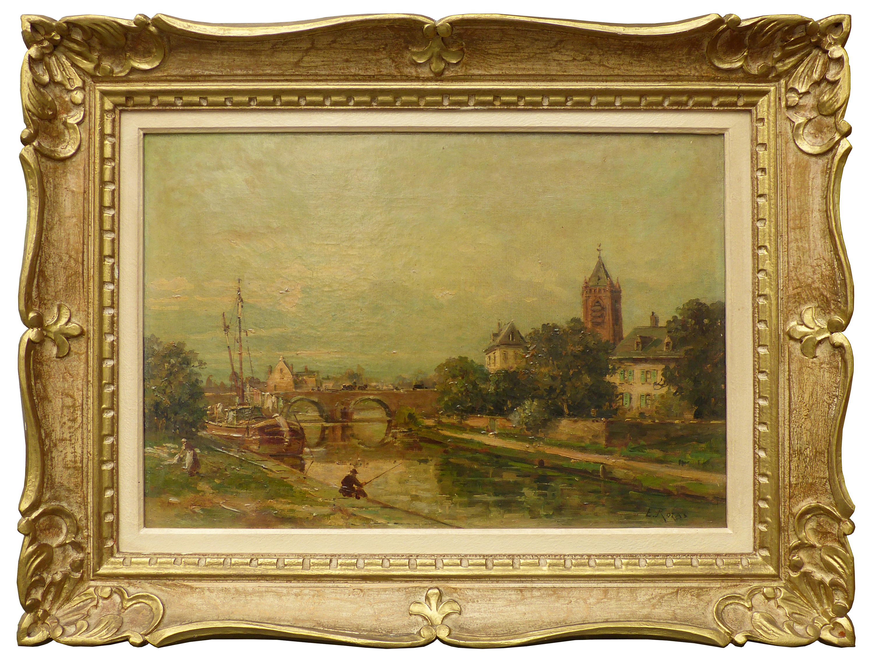 【欧洲油画】E.Rozas. 河边垂钓 19世纪晚期 53 x 37cm