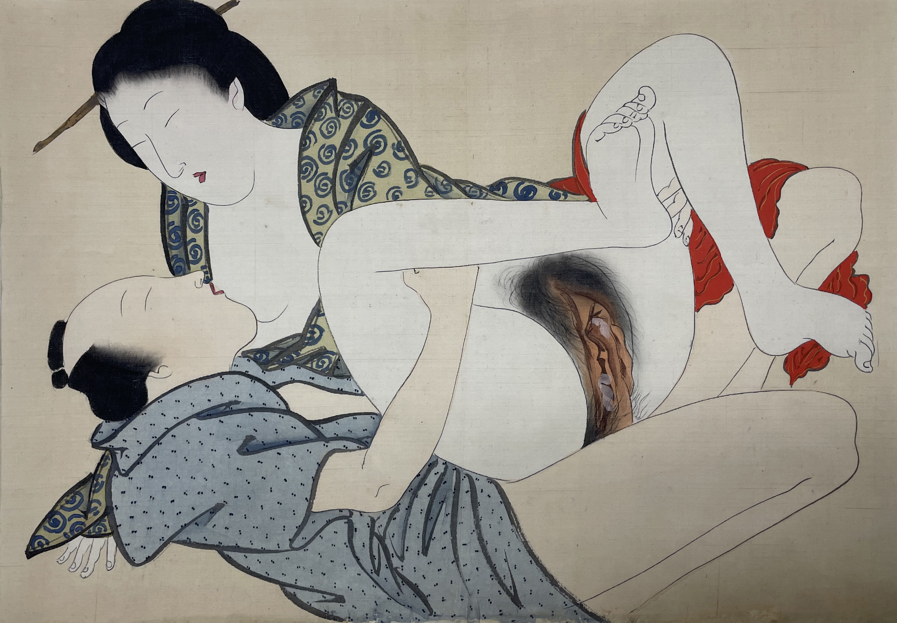 【日本版画】扬州周延 绢布春画 1891年 35 x 25cm