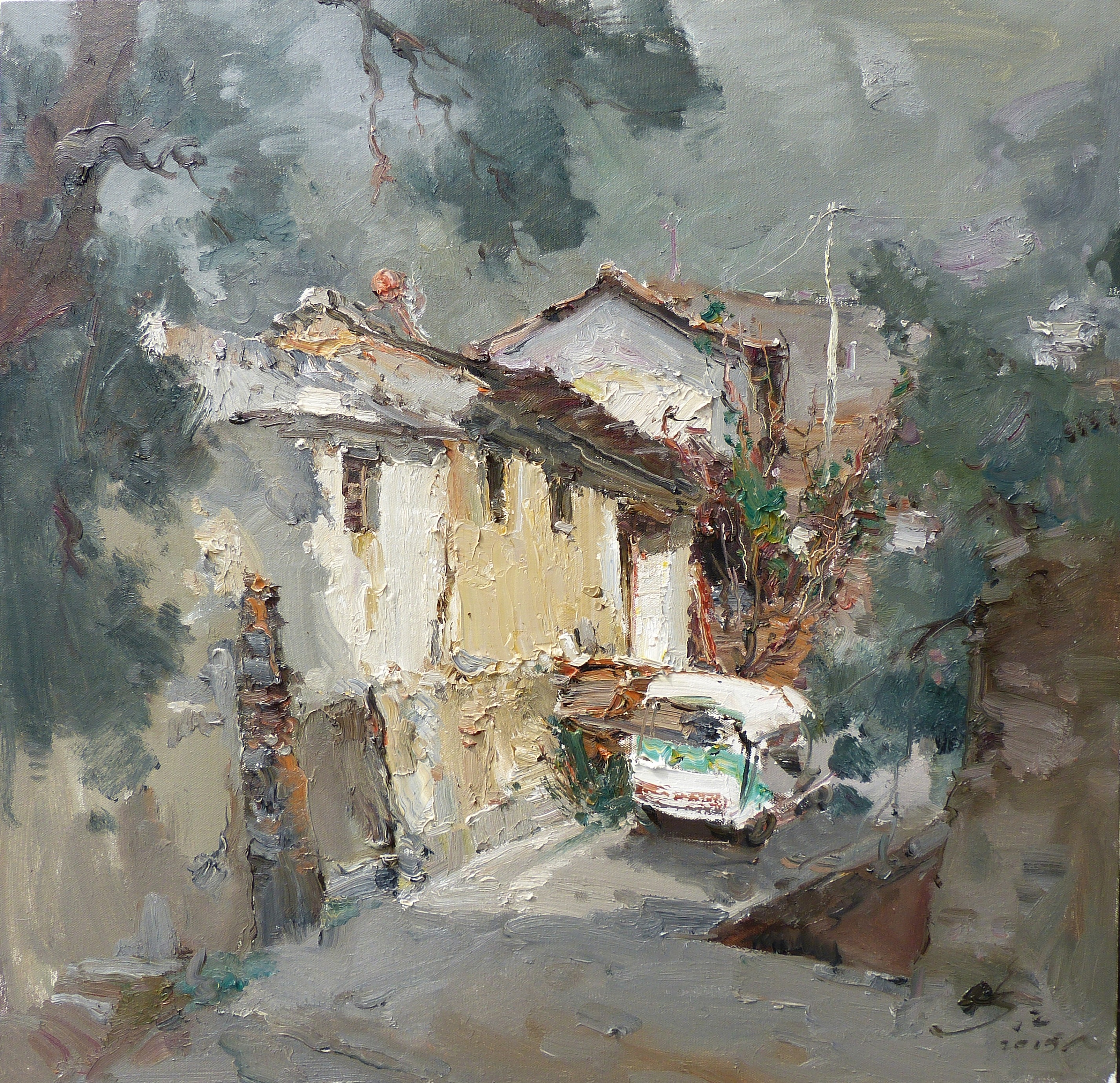 【中国油画】郑虎彪 村里的小巷 2015年 80 x 81cm