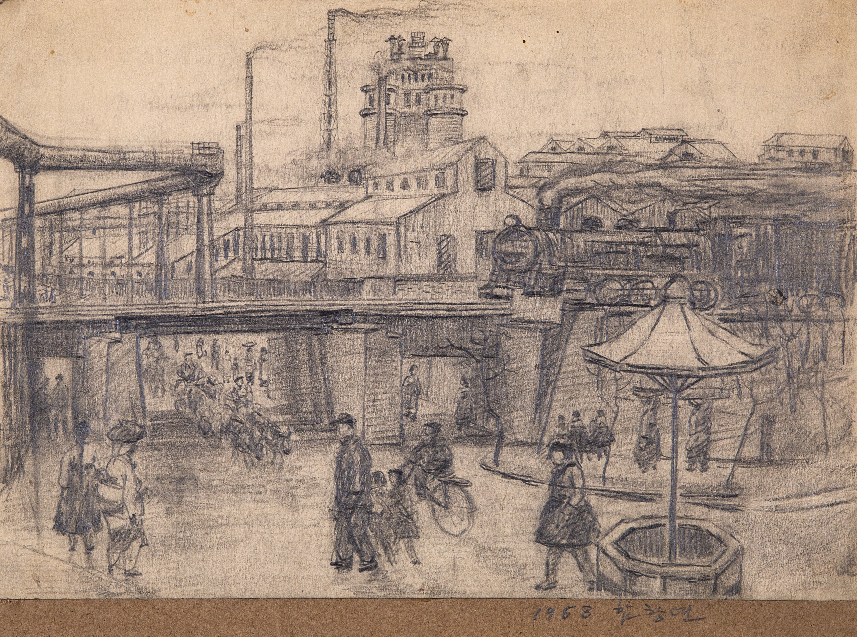 【朝鲜铅笔画】咸昌渊 平壤街景 1968年 30 x 20.5cm