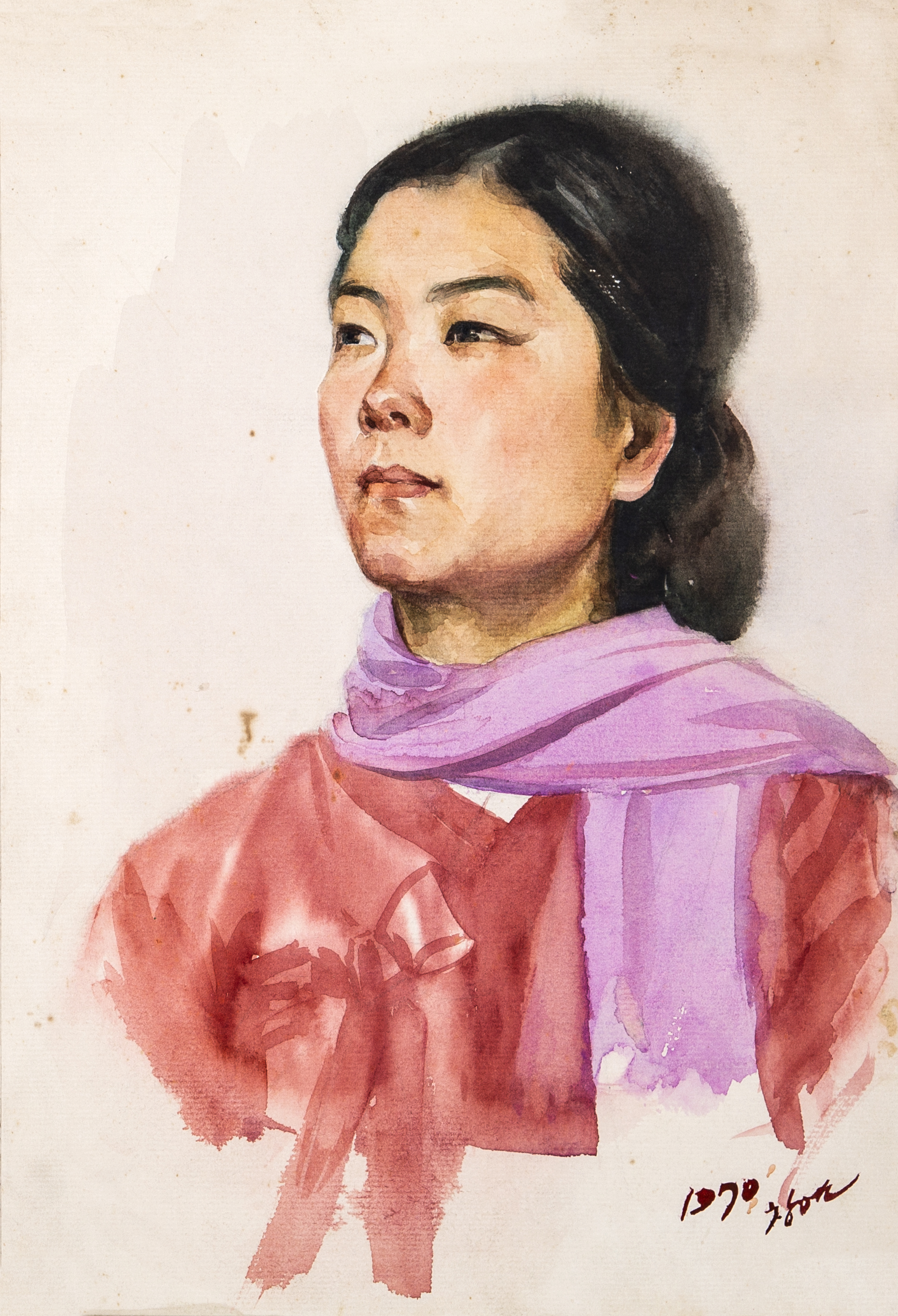 【朝鲜老画】咸昌渊 戴围巾的女孩 1970年 28 x 39cm