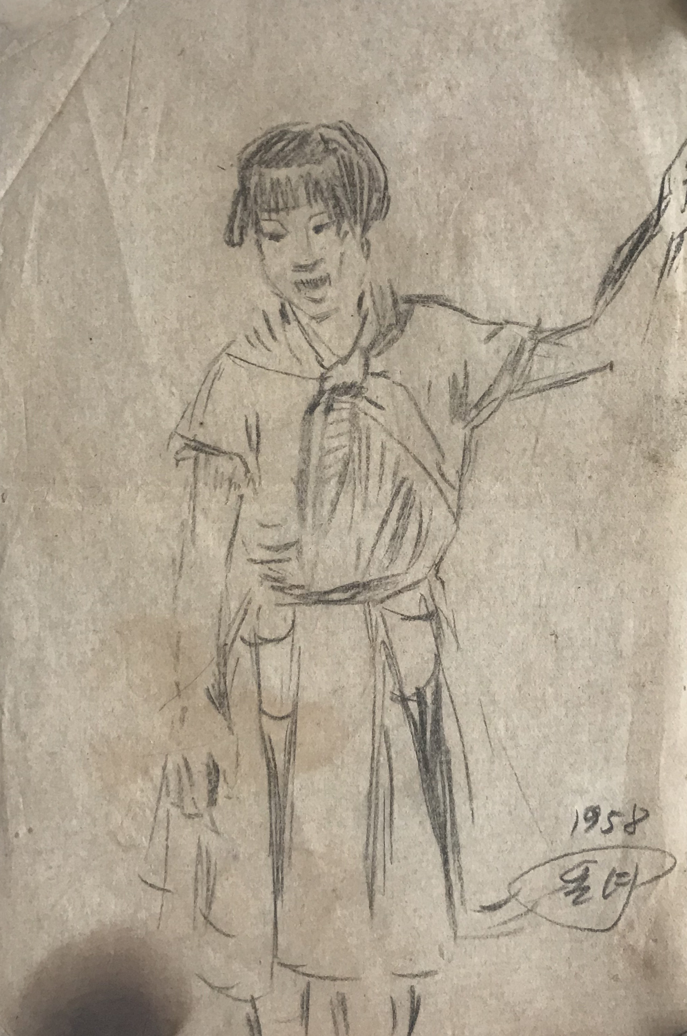 【朝鲜铅笔画】郑温女 1958年 17 x 24cm