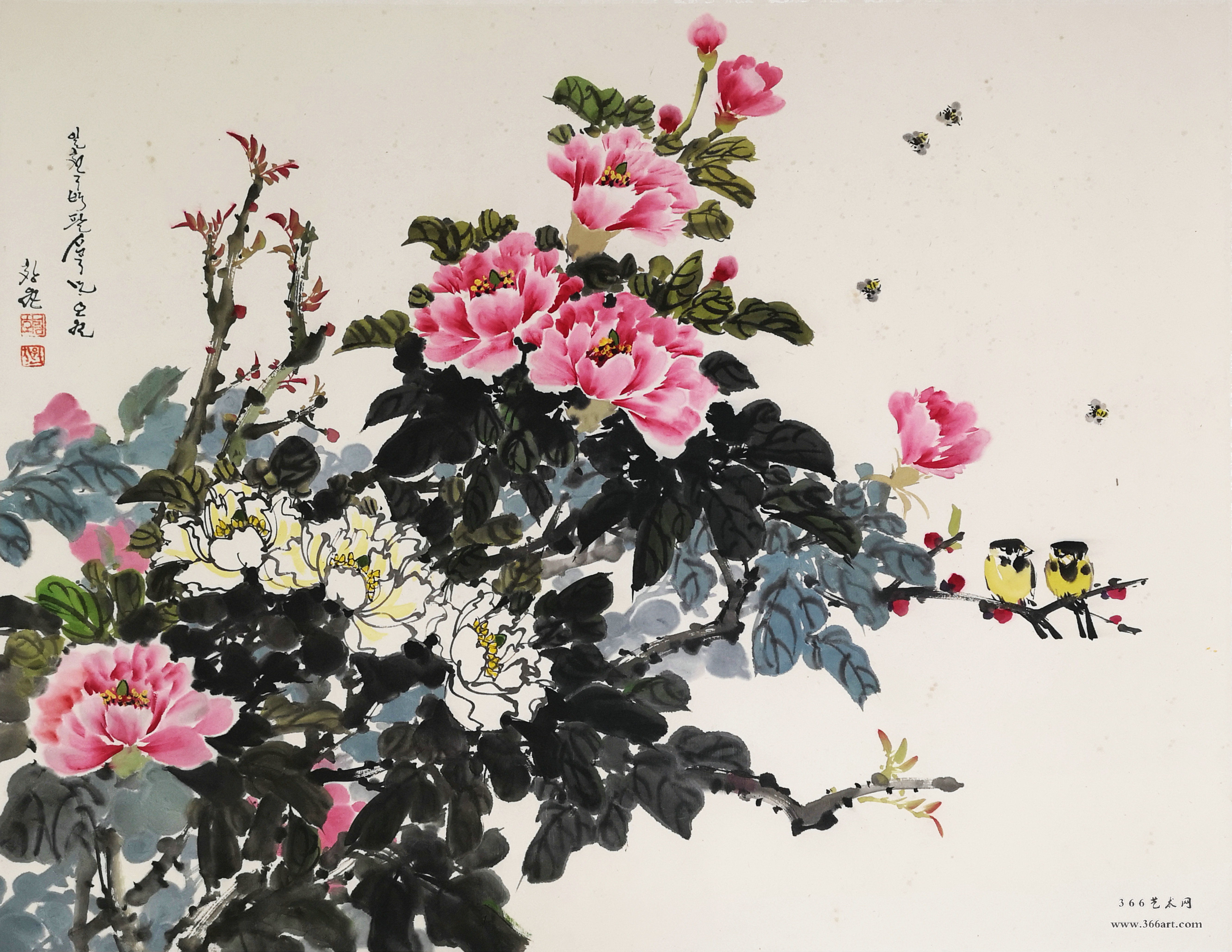 【朝鲜画】千昌原 富贵牡丹 1985年5月 91 x 71cm