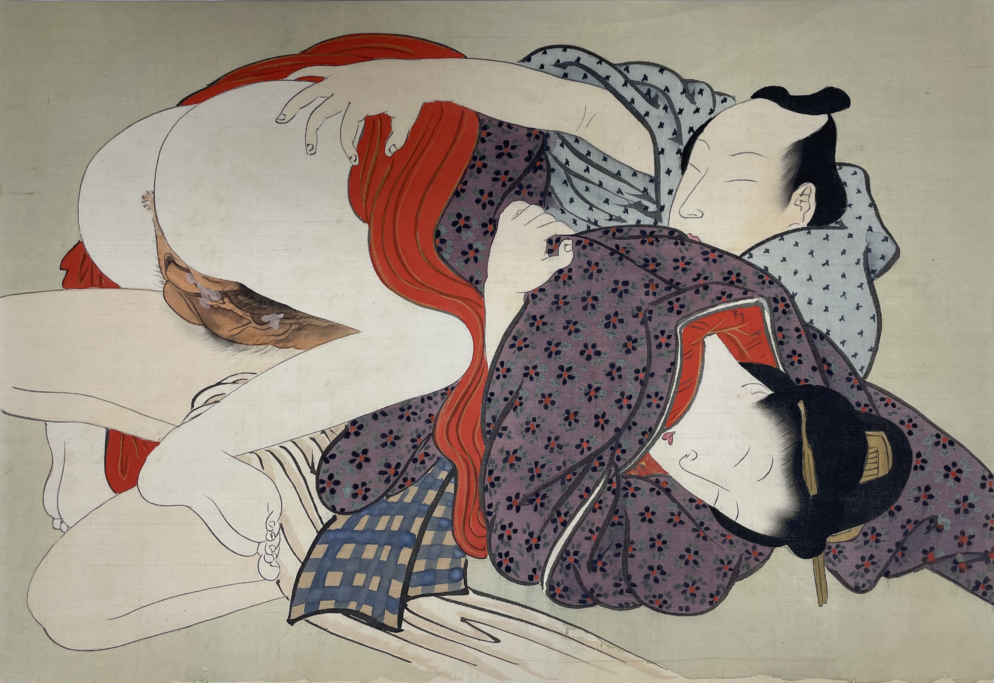 【日本版画】扬州周延 绢布春画 1891年 35 x 25cm 